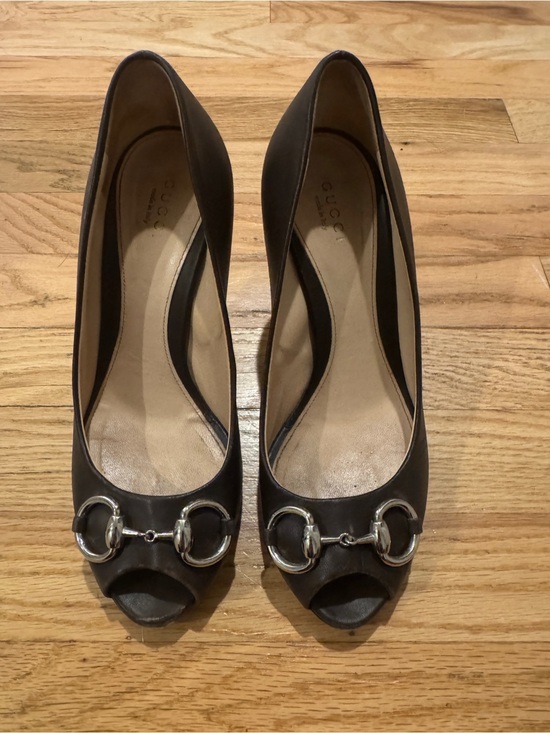 Gucci Shoes - Gucci Dark Brown Leather Horsebit Peep Toe Pumps Heels Size 37.5 / US 7.5